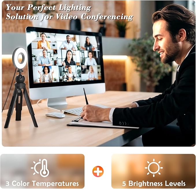 Ring Light with Tripod and Clamp, [3 Color, 5 Brightness & Timer] USB Plug Clip On Lights for Laptop Working Distance Learning Zoom Call Self Broadcasting Live Streaming Video Conference Lighting