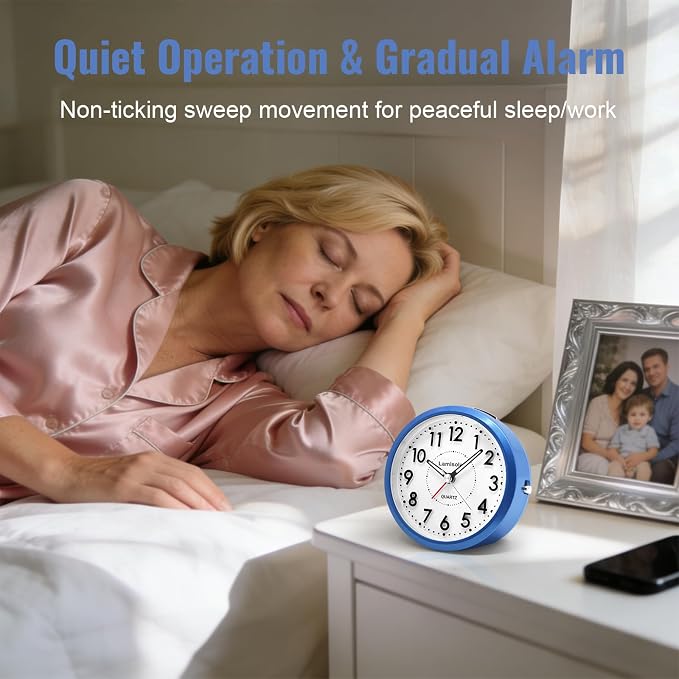 Lamisola 4 Inch Alarm Clock for Bedrooms, Small Analog Desk Clock, Blue | Battery Operated Bedside Clock for Bedroom Bathroom Home Nightstand Shelf, Night Light Snooze, Minimalist Clocks for Seniors