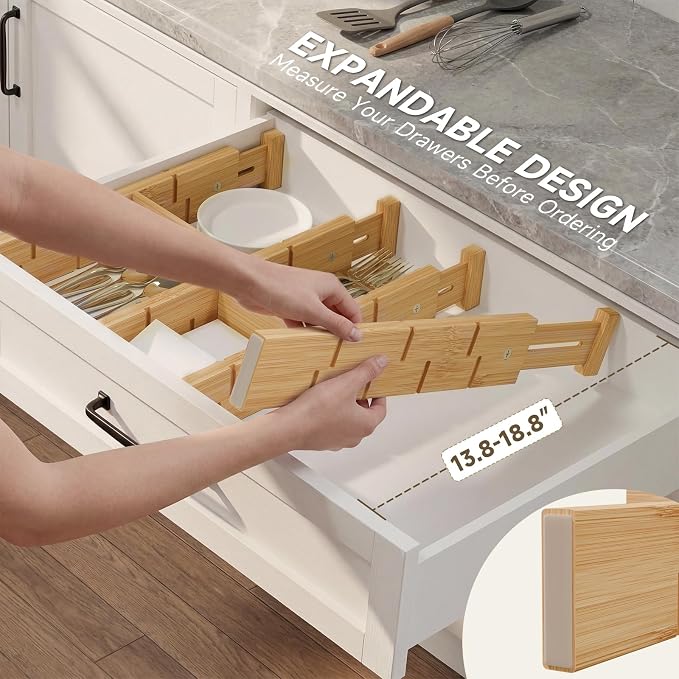 Bamboo Drawer Dividers, Expandable Kitchen Drawer Organizer | Include 4 Dividers, 4 Small Inserts and 4 Medium Inserts for Home, Office, Dressers