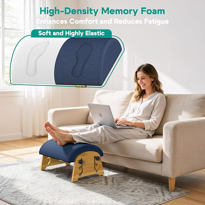 Ergonomic Foot Rest Under Desk at Work, Bamboo Wood Adjustable Foot Stool Under Desk with 6 Positions, Office Footrests with Memory Foam, Leg Rest Used for Car, Home, PC Gaming Accessories