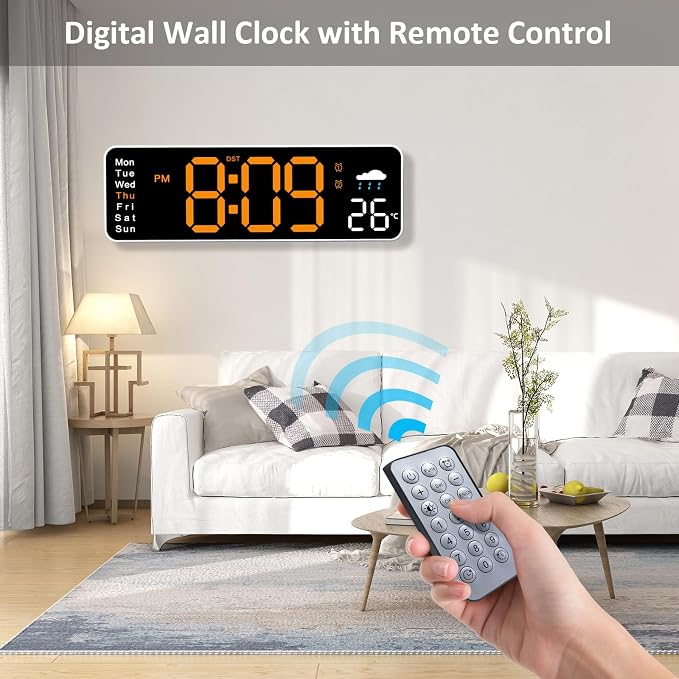 Digital Wall Clock, 12" Digital Clock with Remote Control, Date, Week, Temp, Humidity, DST, Timer, Auto-dimming for Living Room Classroom Gym Church Shop Garage