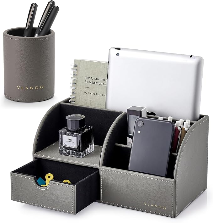 VLANDO 2 Pcs PU Leather Desk Caddy Set with Drawer,Pen Holder | Desk Organizer Set for Home Office,Nightstand Organizer，Office Supplies,Gifts for Men,Gray