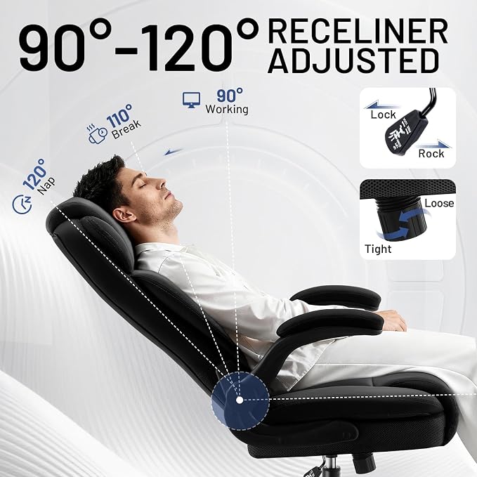 AreShark Ergonomic Office Chair with High Back Headrest,PU Leather Executive Desk Chair Padded Flip-Up Armrests,Lumbar Support,Swivel Computer Chair for Home Office & Gaming,Black