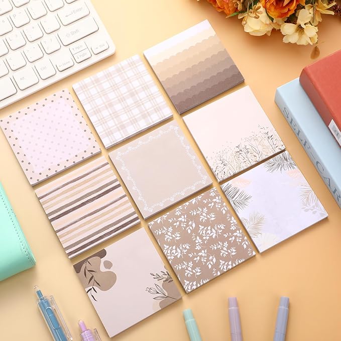 9 Pcs Aesthetic Sticky Notes Cute Pastel Self Stick Notepads Easy to Post Desk Supplies for Home Office Decor School Accessories Women Birthday Coworker Gifts (Brown)