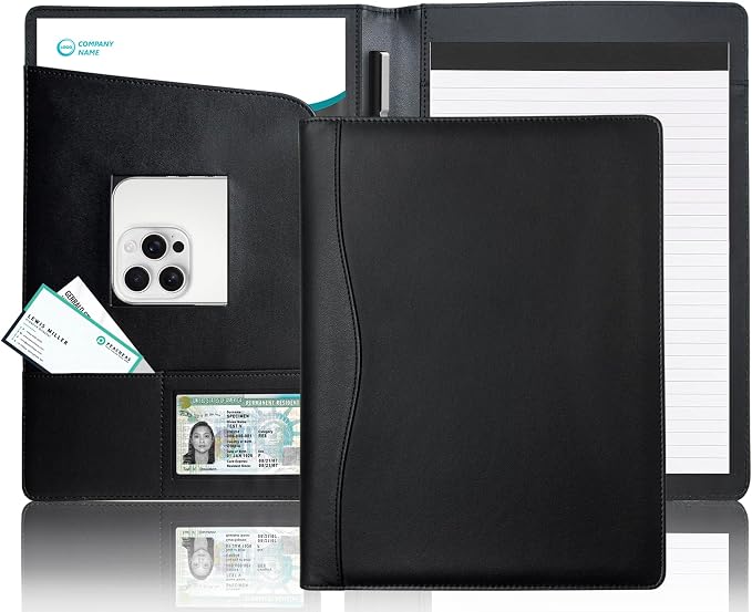 Padfolio Portfolio Folder Portfolio Organizer for A4 Size Pad - Faux Leather Folder with Storage Pocket, Card Holders & Pen Loop for Business Meeting, Office, Student (Black)