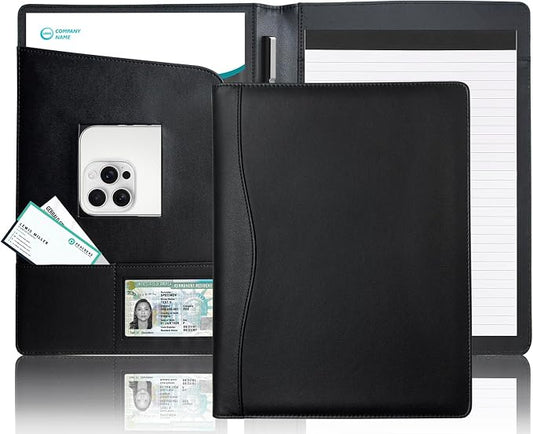Padfolio Portfolio Folder Portfolio Organizer for A4 Size Pad - Faux Leather Folder with Storage Pocket, Card Holders & Pen Loop for Business Meeting, Office, Student (Black)