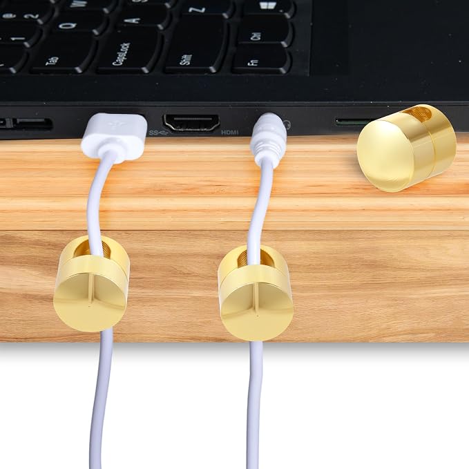 SmallCat 6 Sets Charger Holders for Cords, Gold Adjustable Cable Anchor Holders, Adhesive Metal Cord Clips, Cable Management Wire Organizers for Desk, Office, Nightstand