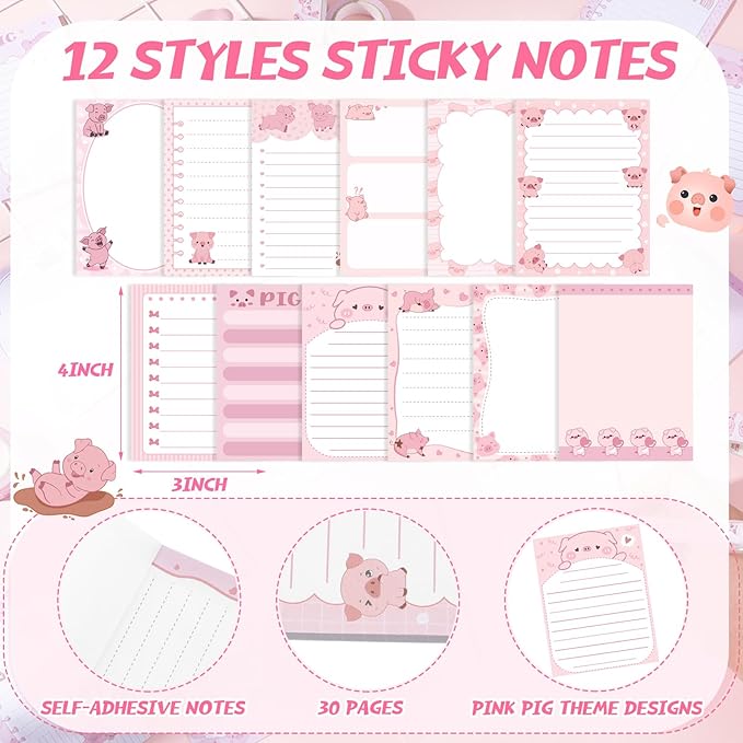 12 Pads Piggy Sticky Notes 3x4 Inch Cute Self Stick Notepads Notes Adhesive Memo Pad Office Decor Gifts Pink Kawaii Memo for Christmas Students School Teacher Meeting Office Supplies