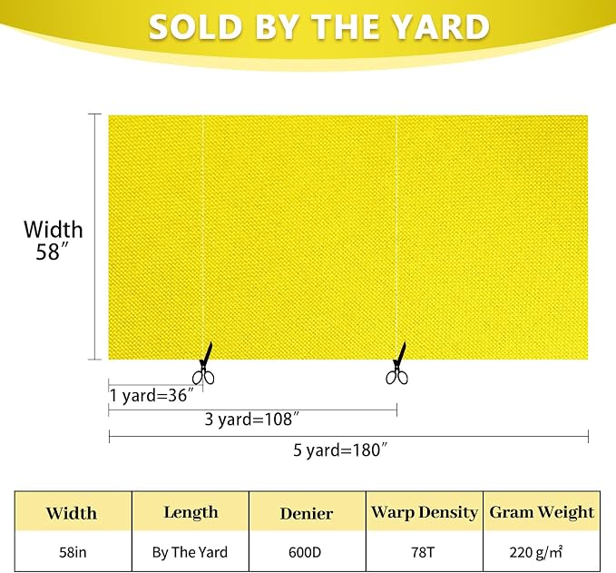 Waterproof Canvas Fabric by The Yard 58inch 600D Upholstery Material Polyester Fabric Outdoor Water Resistant Fabric for Sewing Chair Patio Cushion Purse Bag Interior, Pre Cut 2 Yard Yellow