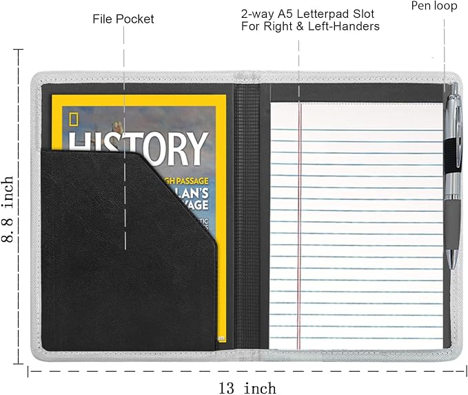 Padfolio/Portfolio Binder, Mini Padfolio Portfolio Binder 5 x 8 Legal Writing Pad, A5 Document Organizer Folder for Men Women,Silver