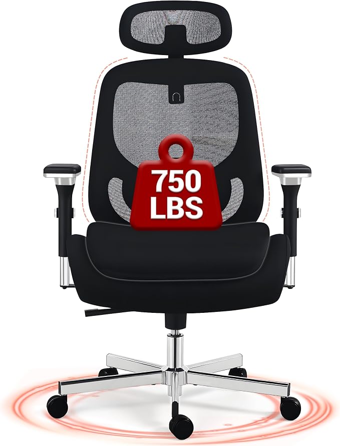 Big and Tall Office Chair 750lbs, Heavy Duty Ergonomic Mesh Desk Chair, 500+lbs Capacity, Extra Wide Seat, High Back Executive Computer Chair for Heavy People, Black & Grey