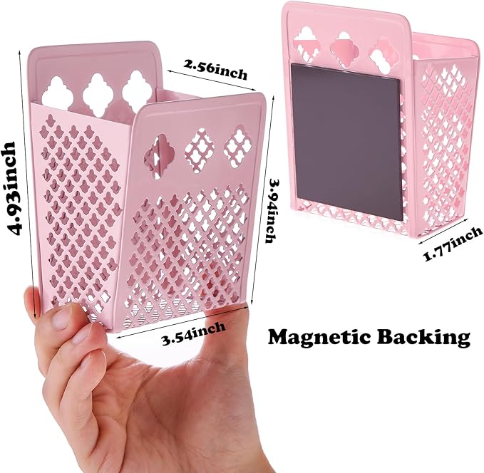 Magnetic Pen Holder, Mesh Metal Strong Magnet Dry Erase Marker Holder Pencil Organizer Small Items Basket for Refrigerator, Whiteboard, Locker Accessories-Pink