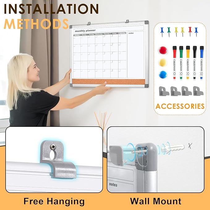 MAKELLO Dry Erase Calendar for Wall 36" x 24", Large Calendar Whiteboard with Cork Board for Office, Home, School, Family, Kitchen and Bedroom, 3' x 2' | 3' x 2', Magnetic, Cork Board, Wall Mount, Pin Board, Large Calendar Whiteboard for Wall, Home, Fa...