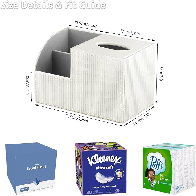 Square Tissue Box Cover with Storage, PU Leather Facial Cube Tissue Holder | TV Remote Control Holder, Desk Accessories Nightstand Organizer, Modern Table Caddy for Bathroom, Bedroom, Home, Office Decor
