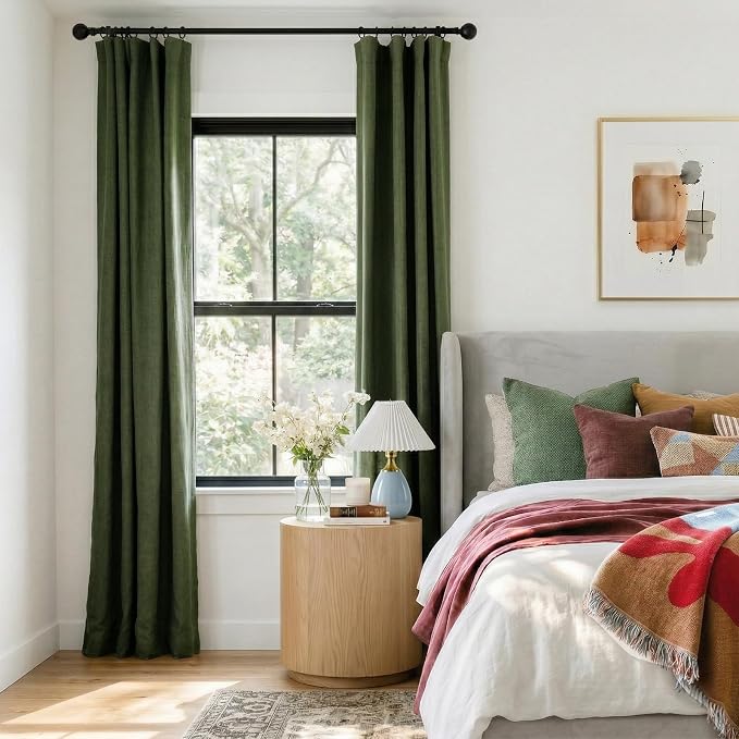INOVADAY 100% Blackout Curtains for Bedroom, Olive Green Black Out Curtains 102 Inch Long, Clip Rings Linen Blackout Drapes, Thermal Insulated Room Darkening for Living Room, 2 Panels - W50xL102