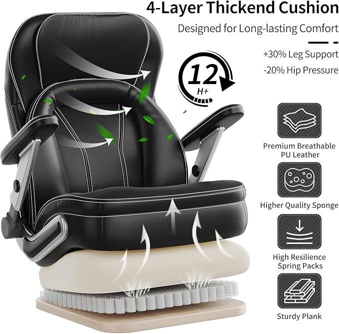 Big and Tall Office Chair, Heavy Duty Desk Chair with 5D Arms, Adjustable Lumbar Support & Height, Tilt Function, PU Leather High Back Ergonomic Executive Computer Chair