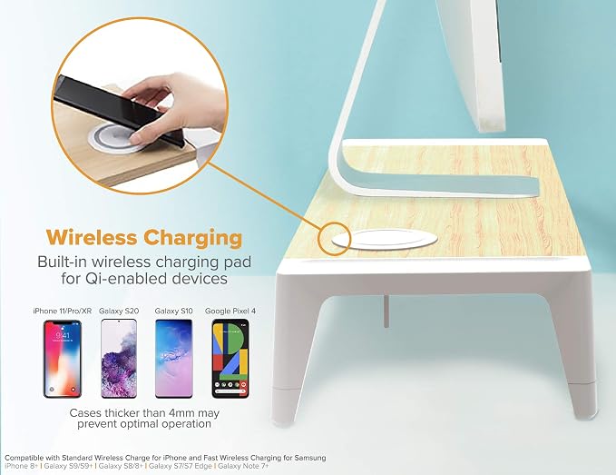 Bostitch Office Wooden Monitor Stand with Wireless Charging Pad, Drawer for Storage, Adjustable Height Riser Includes Removable Non-Skid Rubber Feet - Wood Grain and White (STND-2408WH)