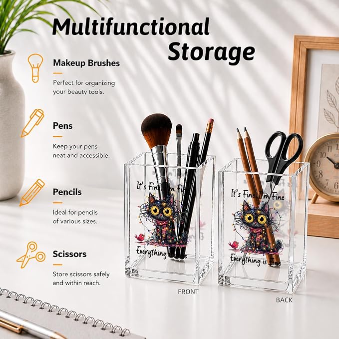 It's Fine I'm Fine Everytiing Is Fine Funny Humor Sarcastic Acrylic Cosmetic Pencil Pen Holder Desk Organizer Clear Crack Resistant Desk Organizer, Mental Health Gifts for Nurse Best Friend Coworker