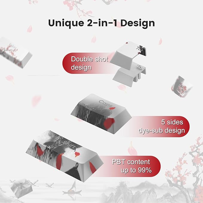 Womier PBT Keycaps Set 130 Keys, Custom White Japanese Keyboard Doubleshot Dye Sub Side Print Shine Through Keycaps 60 65 75 100 Percent, Cherry Profile