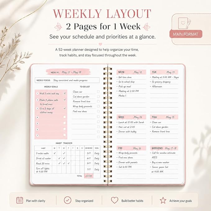 Undated Weekly Planner - Weekly Goals Notebook with To Do List, Habit Tracker, Daily Schedule Journal with Spiral Binding, 5.7 x 8.0 inches,Productivity Organizer Notebook for Work, School, Home, Pink