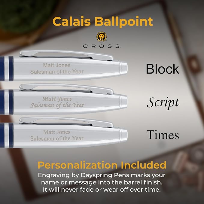 Cross Calais Engraved Ballpoint Pen, Blue Lacquer with Chrome, Art Deco Design, 2 Lines of Text Up to 30 Characters, Gift for Graduation, New Job, Career Advancement, Cross Gift Box