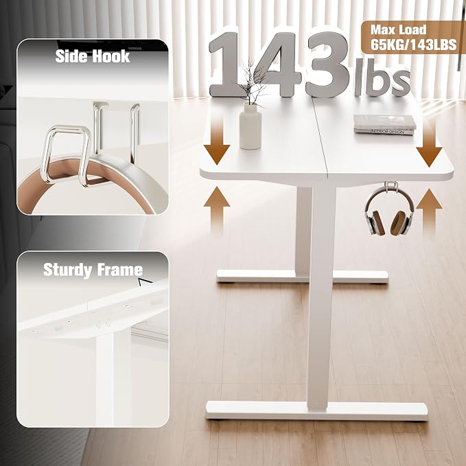 43"x24" Standing Desk,Height Adjustable Sit-Stand Desk Home Office, White | Electric Adjustable Standing Desk, Sit to Stand Computer Office Desk with Splice Board, Memory Preset, Lifts 28.7''-46.5"