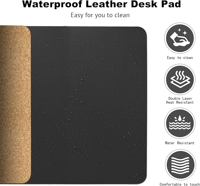 Dual-Sided Desk Pad with Mini Keyboard Brush, 31.5'' x 15.7'' Natural Cork & PU Leather Desk Protector Mat, Waterproof Non-Slip, Computer Desk Mat, Desk Matt for Desktop for Office and Home Work