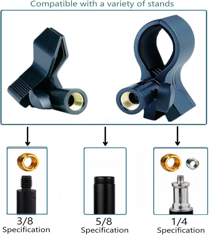 2 Pack KayNicam Universal Microphone Clip Holder for Dynamic & Condenser Mics - Adjustable Mic Clamp for 0.6" to 2.4" Diameter (1.5-6cm) - Includes 5/8", 3/8", 1/4" Metal Threads.