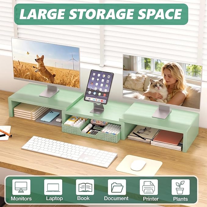 OPNICE Dual Computer Monitor Stand Riser, Desk Organizer with Drawer, Office Desk Accessories & Workspace Organizers for Home Office Supplies, Green