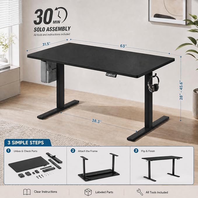 Grandder 63x32 Large Electric Standing Desk, Height Adjustable Computer Desk with 2 Memory Presets, 31.5" Deep Desktop Sit Stand Desk Home Office Desk Workstation Table with Hooks, Black