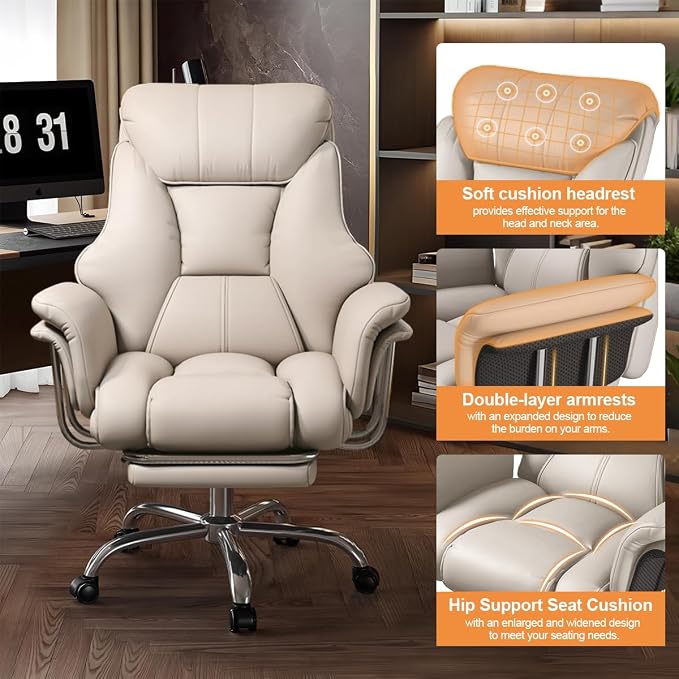 Big and Tall Office Chair Wide Seat Ergonomic Leather Executive Desk Chair with Leg Rest, Heavy-Duty 550 lbs Adjustable Height Computer Gaming Chairs