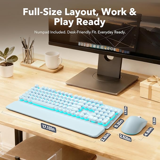 Wireless Keyboard and Mouse Combo, Backlit Round Keycaps, Retro Typewriter Keyboard with Detachable Wrist Rest, Rechargeable & Tilt Legs, 2.4GHz Cordless Connection for Windows/PC (Glowing Blue)