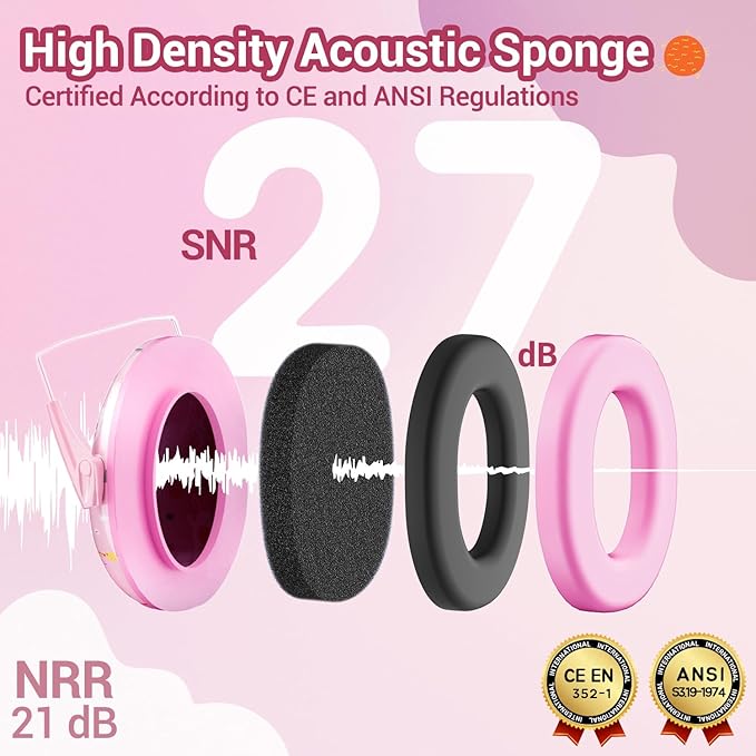 Ear Muffs for Noise Reduction: 27SNR Noise Cancelling Headphones for Kids Adults - Toddler Kids Ear Protection for Monster Truck, Autism Sensory, Mowing, Concerts, Fireworks- Pink