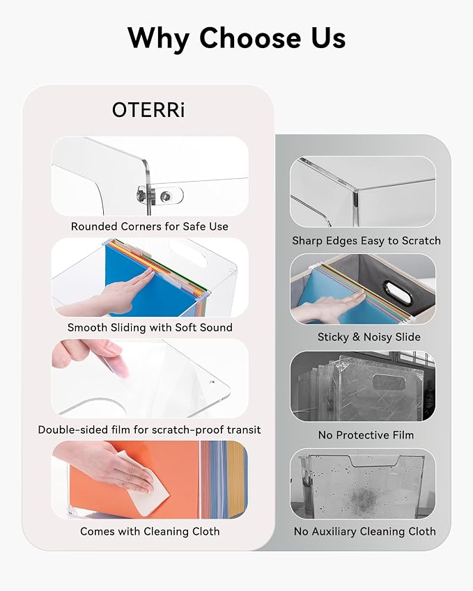 Oterri Large Acrylic File Organizer with Handle, Clear Desktop Box | 3mm Acrylic, Stain-Resistant, With Handle, Holds Letter Docs, Includes Hardware, Office, Home, Classroom, Countertop.