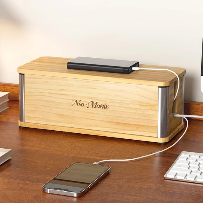 Delamu Wooden Cable Management Box, Retro-Inspired Cord Organizer Box for Home Office, Large Cord Hider Box Hides Floor Cord and Power Strips, Floor Cord Covers, 14.3" x 6.0" x 5.5", Light Wood Color