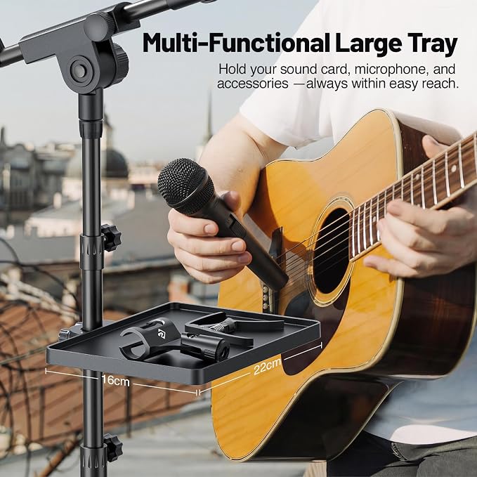 PHENYX PRO Microphone Stand with 22x16cm Large Tray, Adjustable Stand Height, Dual Mic Clips & Carrying Bag, Ideal for Live Streaming, Recording, and Speeches （MA-S1）