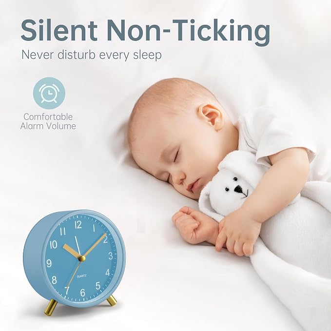 JALL Analog Alarm Clock, 4 inch Super Silent Non Ticking Small Clock with Night Light, Battery Operated, Simple Design, Easy Setting for Office, Bedroom, Bedside, Desk, Teens, Elders, Adult, SkyBlue