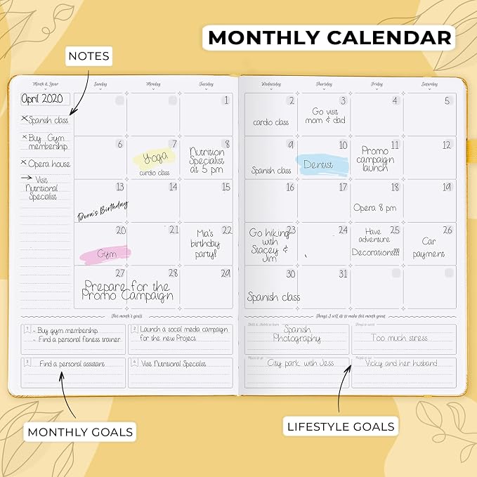 GoGirl Planner PRO Schedule - Undated Planner with Hourly Time Slots, Monthly, Weekly & Daily Organizer, Appointment Book for time Management, 7"x10" Hardcover, Lasts 1 Year - Amber Yellow