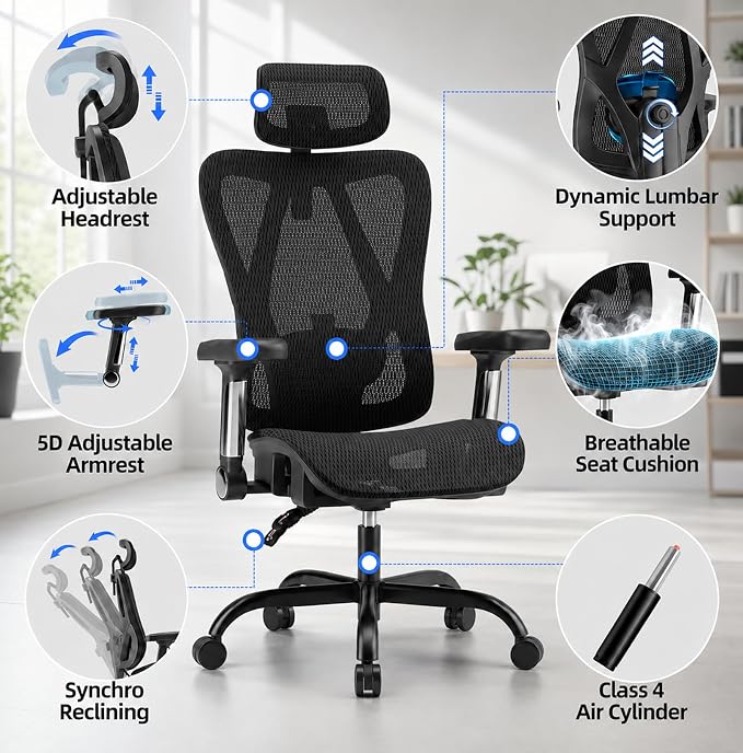Ergonomic Office Chair, Full Mesh Desk Chair with 5D Armrests, Adjustable Lumbar Support and Headrest, 135° Stepless Reclining Backrest, Home Office Computer Chair