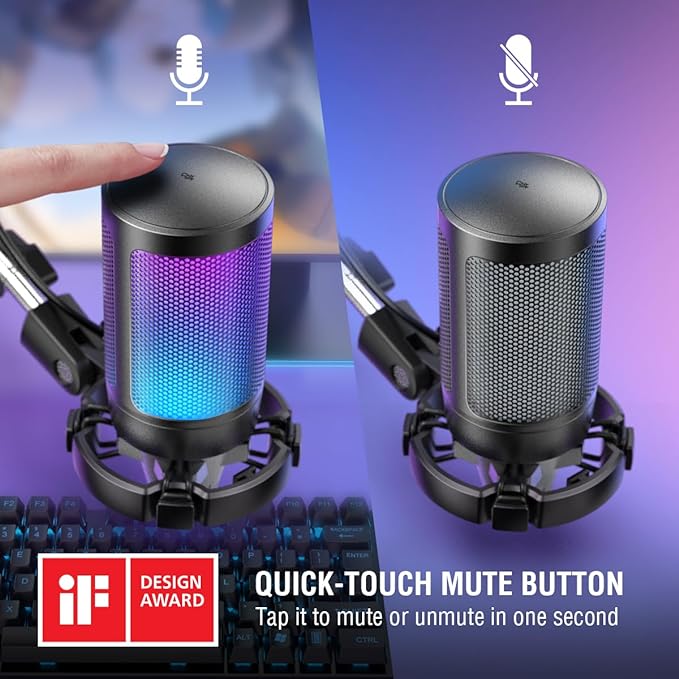 FIFINE Gaming PC USB Microphone, Podcast Condenser Mic with Boom Arm, Pop Filter, Mute Button for Streaming, Twitch, Online Chat, RGB Computer Mic for PS4/5 PC Gamer Youtuber-AmpliGame A6T