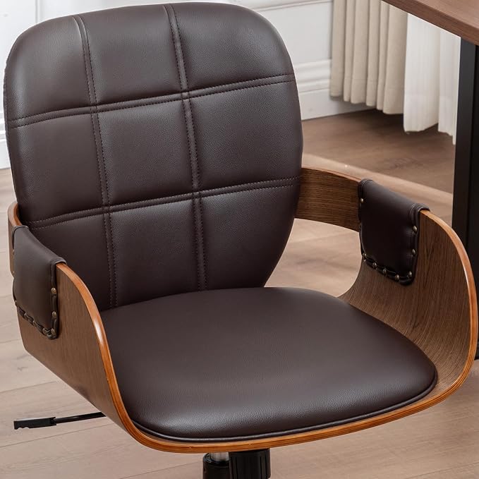 Desk Chair for Small Office, Mid Century Modern Desk Chair, Walnut Finish | Ergonomic Curved Back, Bentwood Frame, Rocking Function & 360° Swivel, Height Adjustable 19"-23", Support Up to 350 lbs