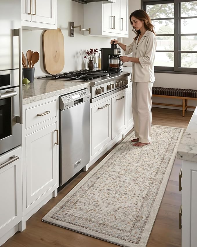 DEXI Kitchen Floor Mats Cushioned Anti Fatigue, 23x59 Long Wide Standing Comfort Runner Rug, Waterproof Retro Floral Memory Foam Padded for Front Sink Laundry, Beige/Ivory
