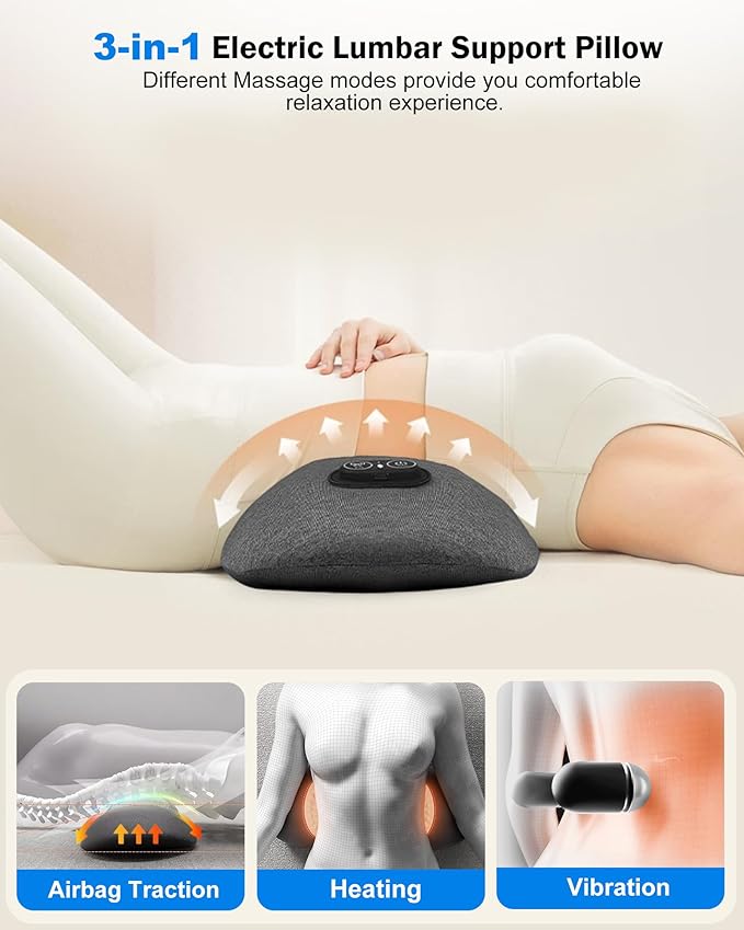 3 in 1 Electric Lumbar Support Pillow -Lower Back Massager with Heat & Vibration,Air Lift Technology,Ergonomic Memory Foam Back Massager for Pain Relief Deep Tissue