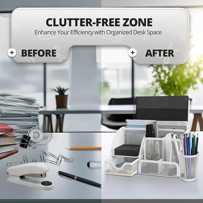 Flexzion Desk Caddy Organizer Set (White) - Metal Mesh Desktop Caddy with Drawers, 6 Compartments, and Pencil Holder for Women & Men - Desktop Organizer and Storage for Work or Office Supplies | Compact Desktop Caddy with Separate Pen Holder; 8.7 X 5.5...