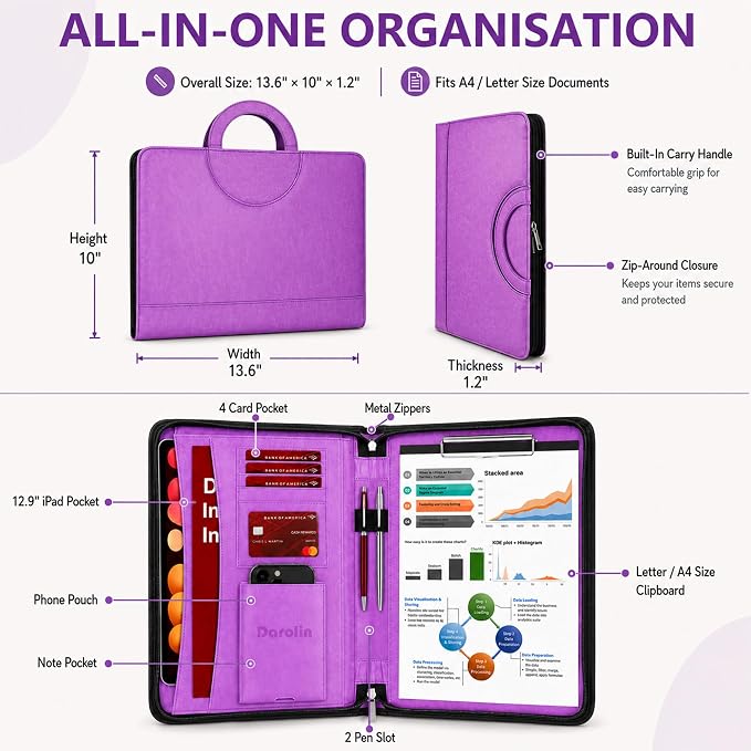 Darolin Vegan Leather Padfolio Portfolio with Handle, Zipper -Purple | Business Portfolio Organizer for Meetings, Interviews, Travel, Resume, Clipboard Fits A4, Letter Size, Padfolio for Men Women