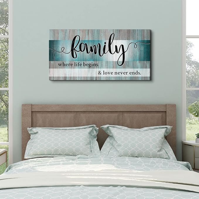 Teal Wall Art Family Sign Wall Decor Inspirational Quotes Canvas Prints Pictures Teal Kitchen Decor Dining Room Artwork 24x48 Large Rustic Farmhouse Family Painting Bedroom Living Room Home Decoration