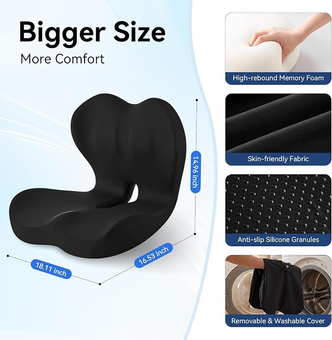 Seat Cushion for Office Chair and Car, Lumbar Support Pillow for Chair | Memory Foam Ergonomic Orthopedic Cushion Relieve Tailbone Sciatica Lower Back Pain for Office Desk Chair, Car, Truck, Black