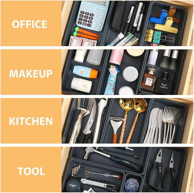Kutesna 6 PCS Large Drawer Organizer,3 Sizes Plastic Desk Organizer Trays | Versatile Kitchen Drawer Organization and Plastic Storage Bins for Makeup, Vanity, Kitchen, Utensils, Office, Bathroom