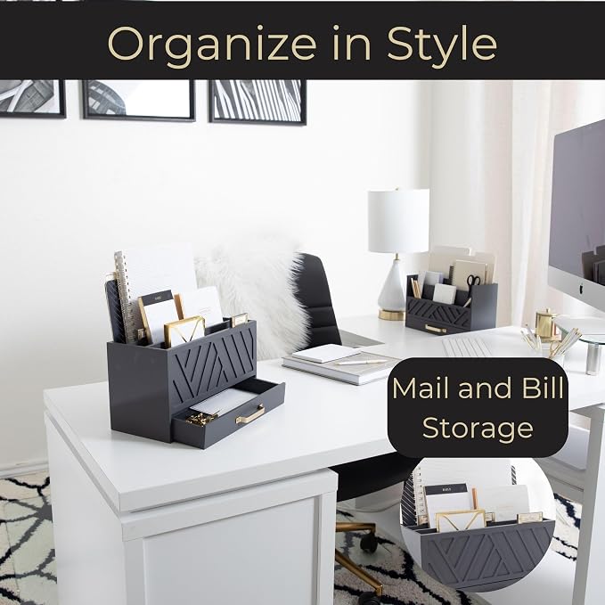 BLU MONACO | Grey Three-Tier Desktop Mail Organizer with Gold Label Holders & Drawer | Stylish Mail Holder and Countertop Document Storage for Home or Office