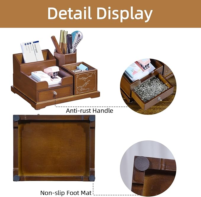 Bamboo Desk Organizer with Drawer, Wood Pen Holder & Card Slot, Brown | Desktop Storage Caddy, Office & Home | Natural Solid Bamboo, No Assembly, Non-Slip Base | Multi-Compartment, Ready to Use